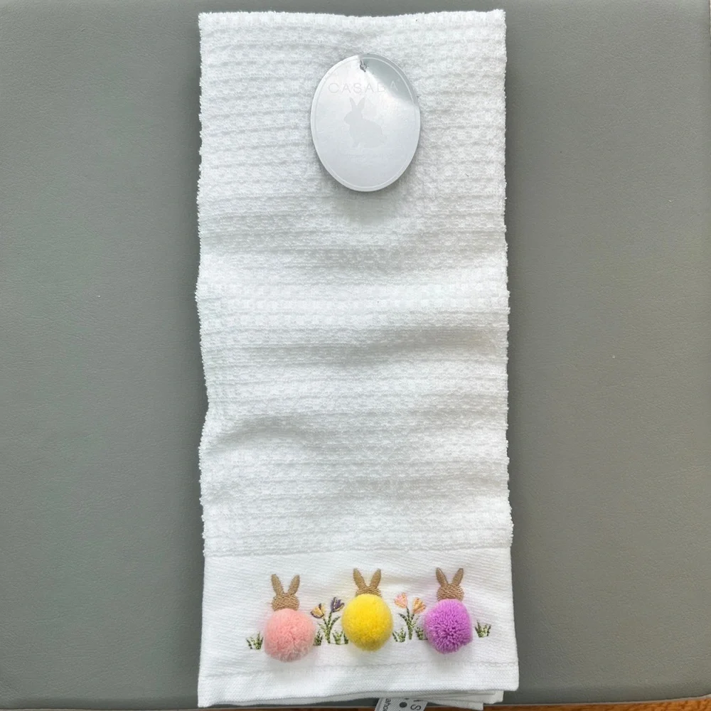 NWT - Casaba White Kitchen Towel Set Pastel Pom-Pom Bunny Accents Rainbow Stripe